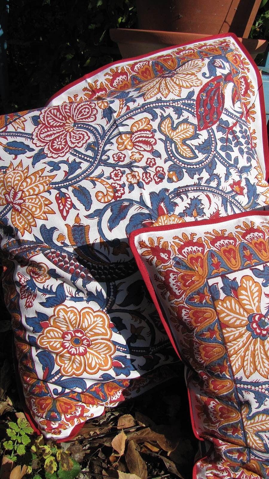 Kissenhülle Blockprint Blue/Red Floral/Stripe 60x60