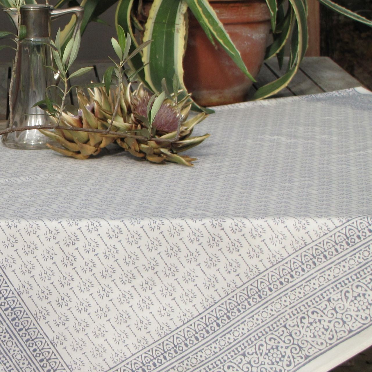 Tischdecke Blockprint Tealblue Ornamental ca. 140x220 cm