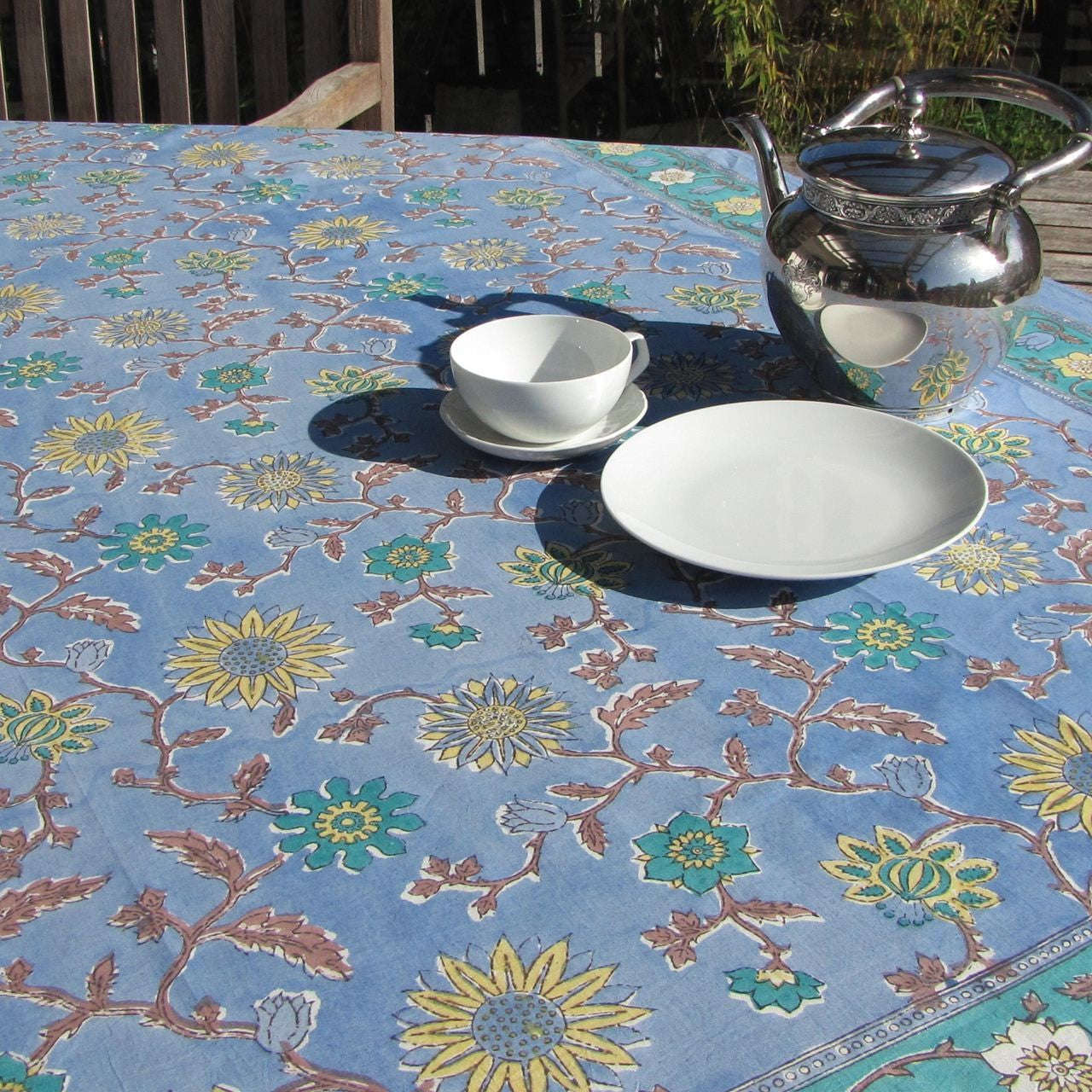 Tischdecke Blockprint Lightblue Floral ca.180x270 cm