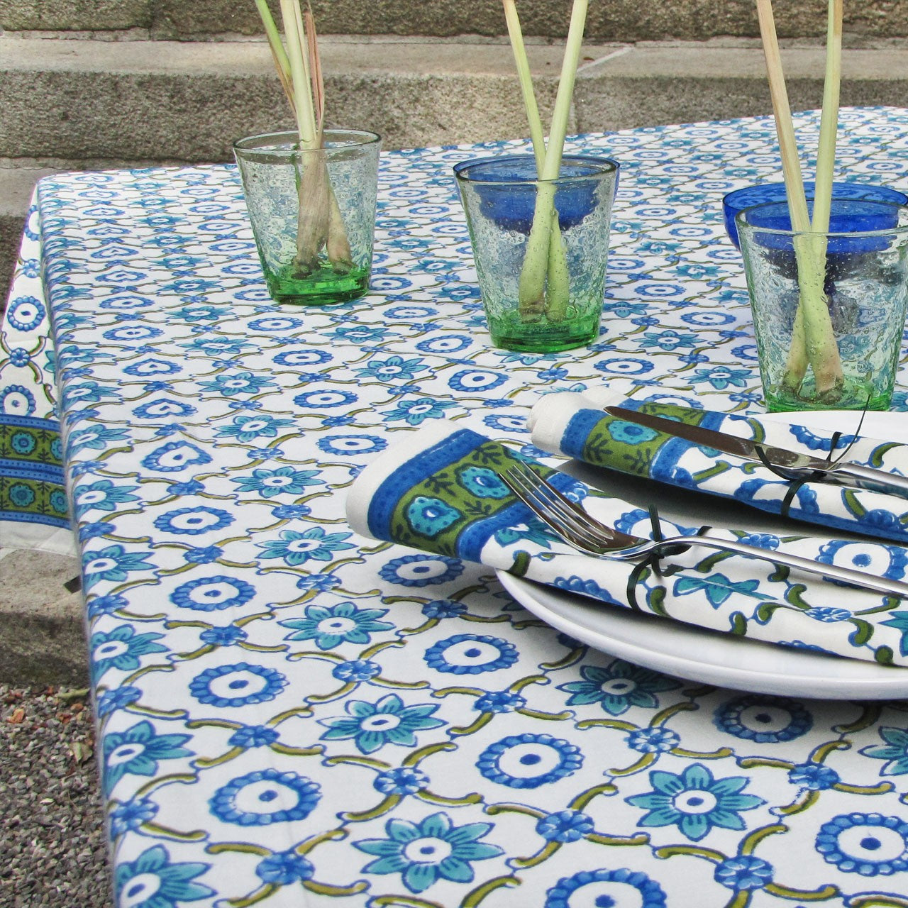 Tischdecke Blockprint Schlossgarten ca.140x220