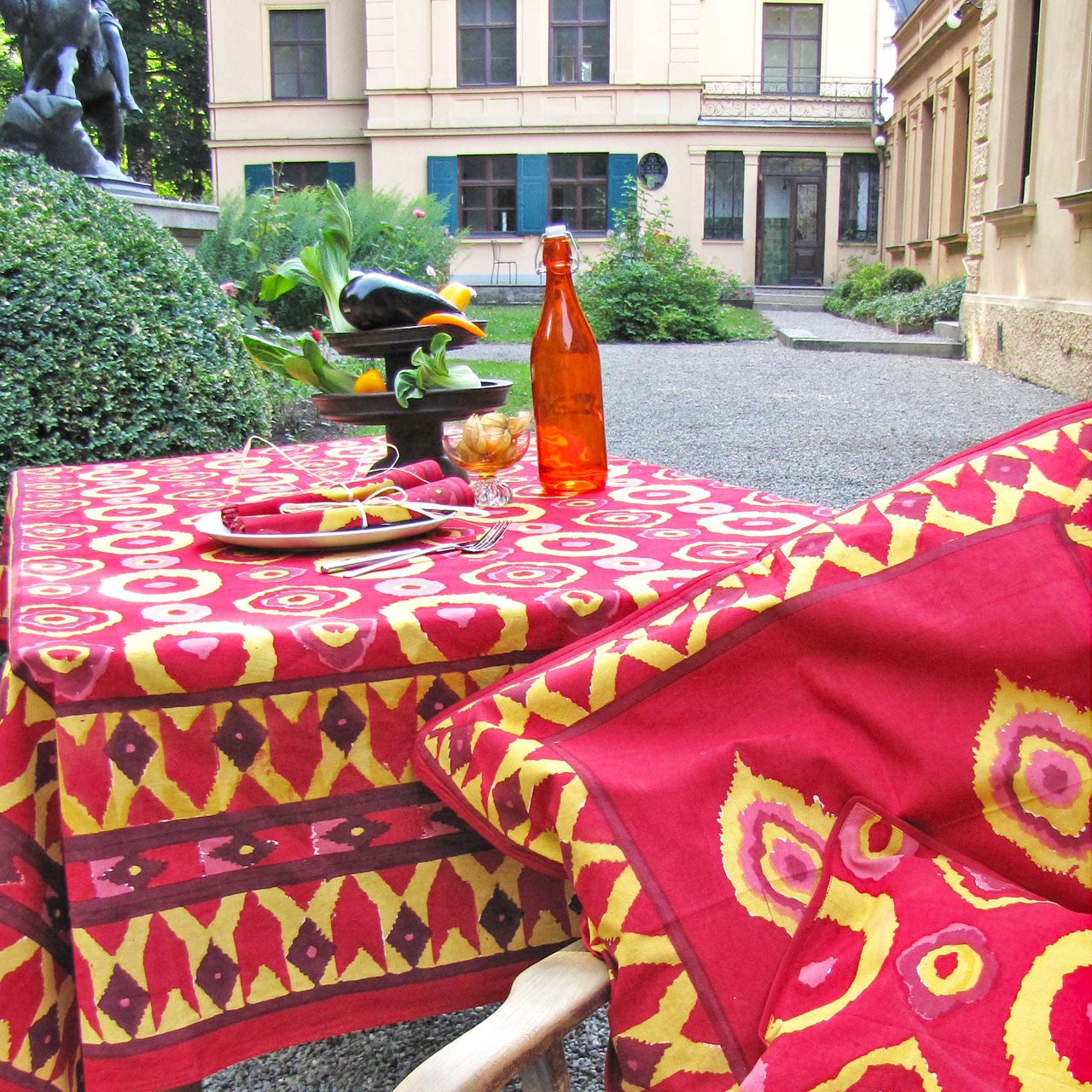 Tischdecke Blockprint Lagerfeuer ca.140x220