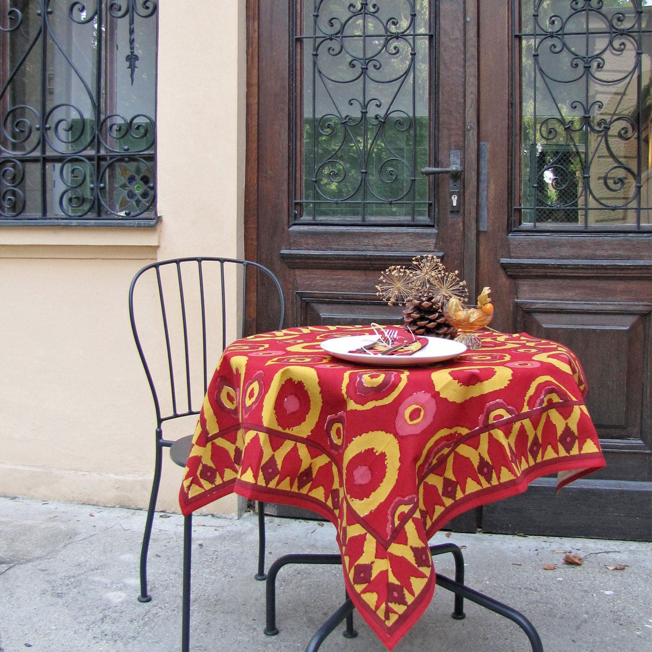 Tischdecke Blockprint Lagerfeuer 90x90