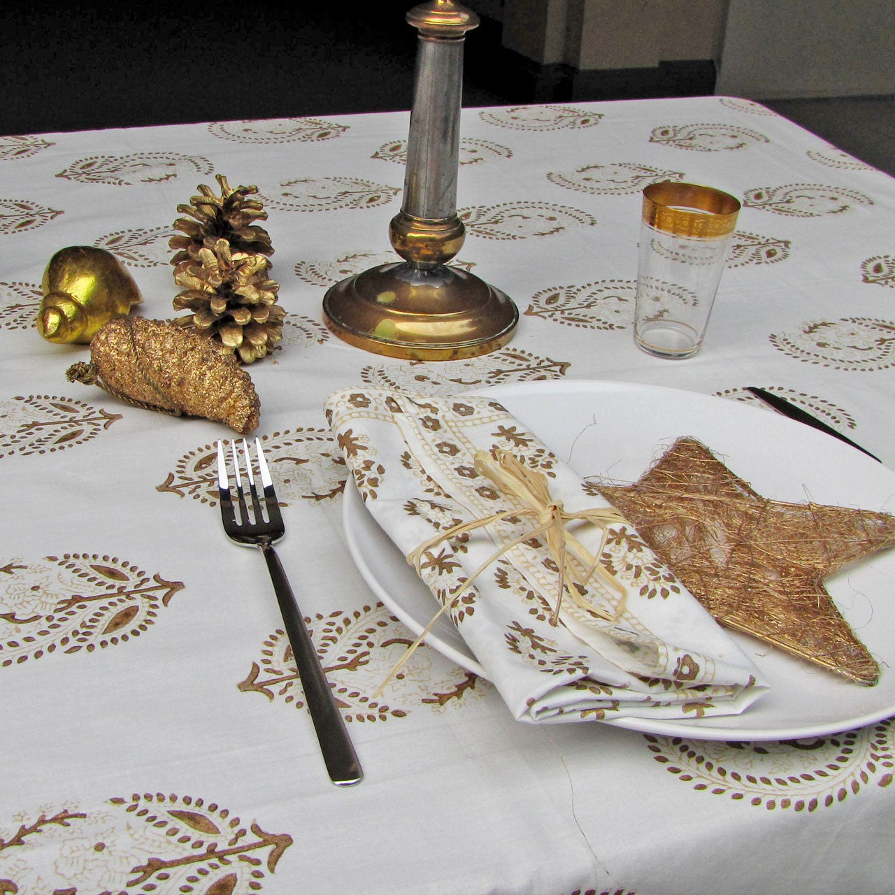 Tischdecke Blockprint GoldenXmas ca.140x220