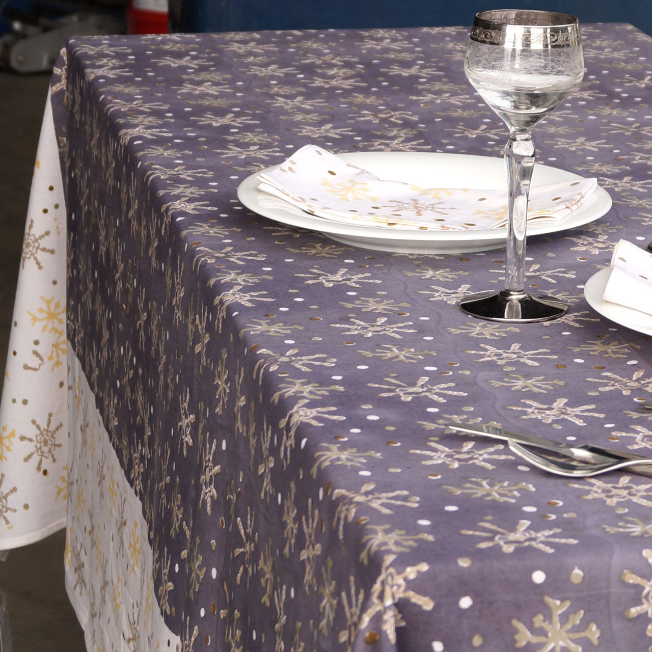 Tischdecke Blockprint Snowflake ca. 140x220 cm