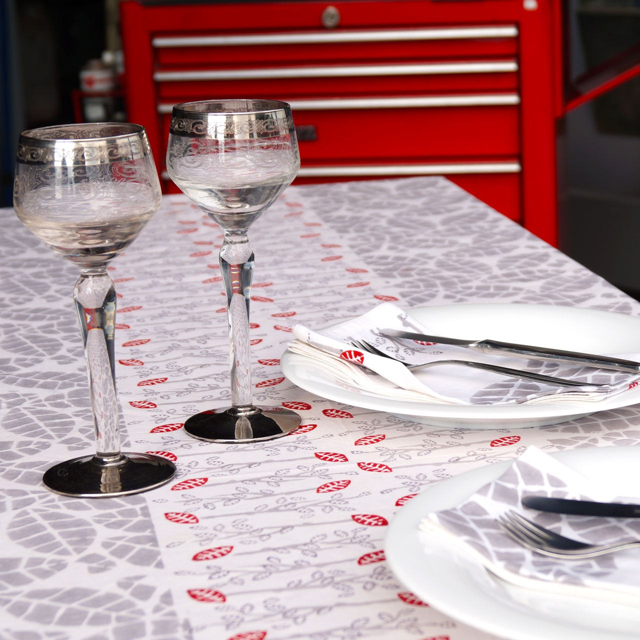 Tischdecke Blockprint Gray Tree ca.140x220