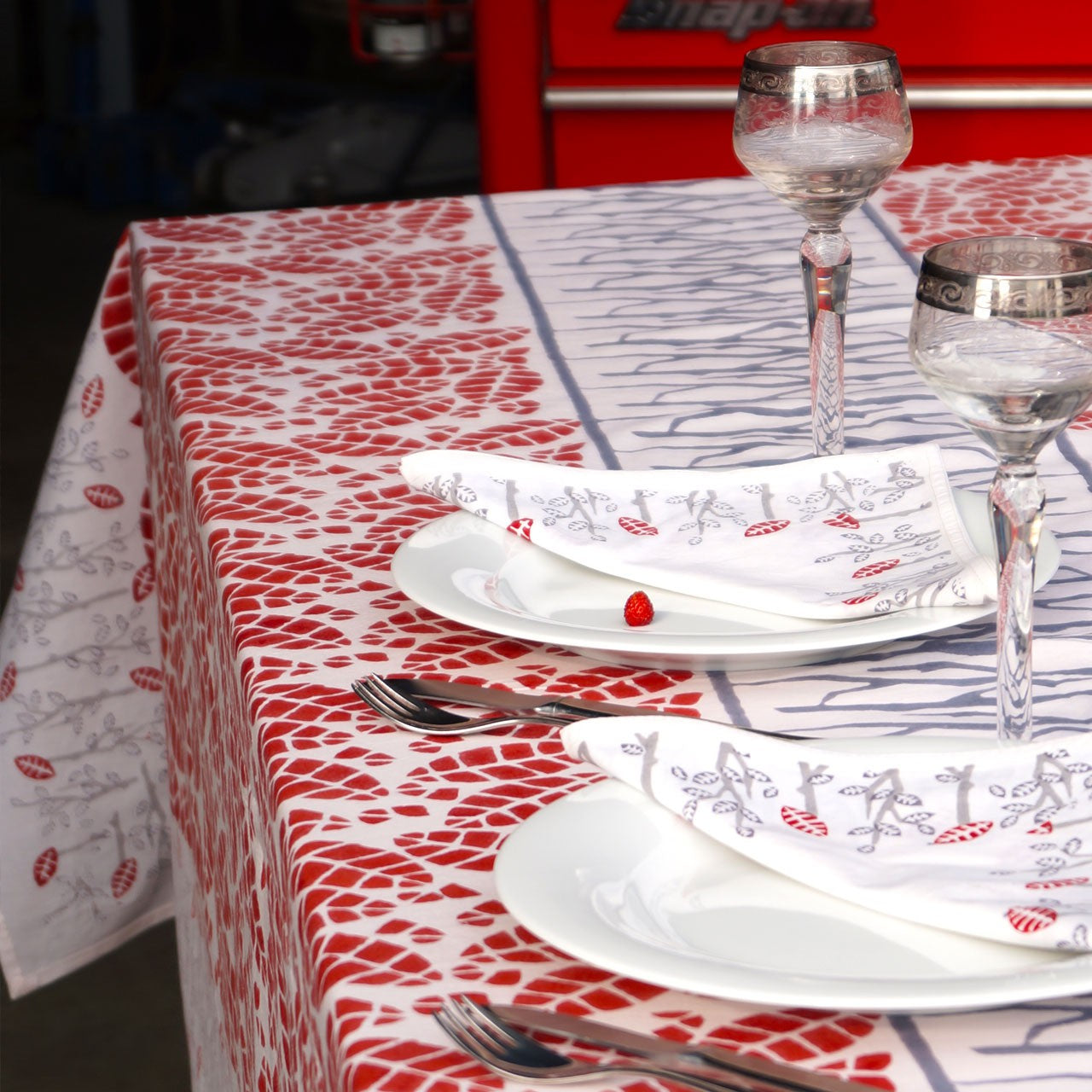 Tischdecke Blockprint Red Tree ca.140x220