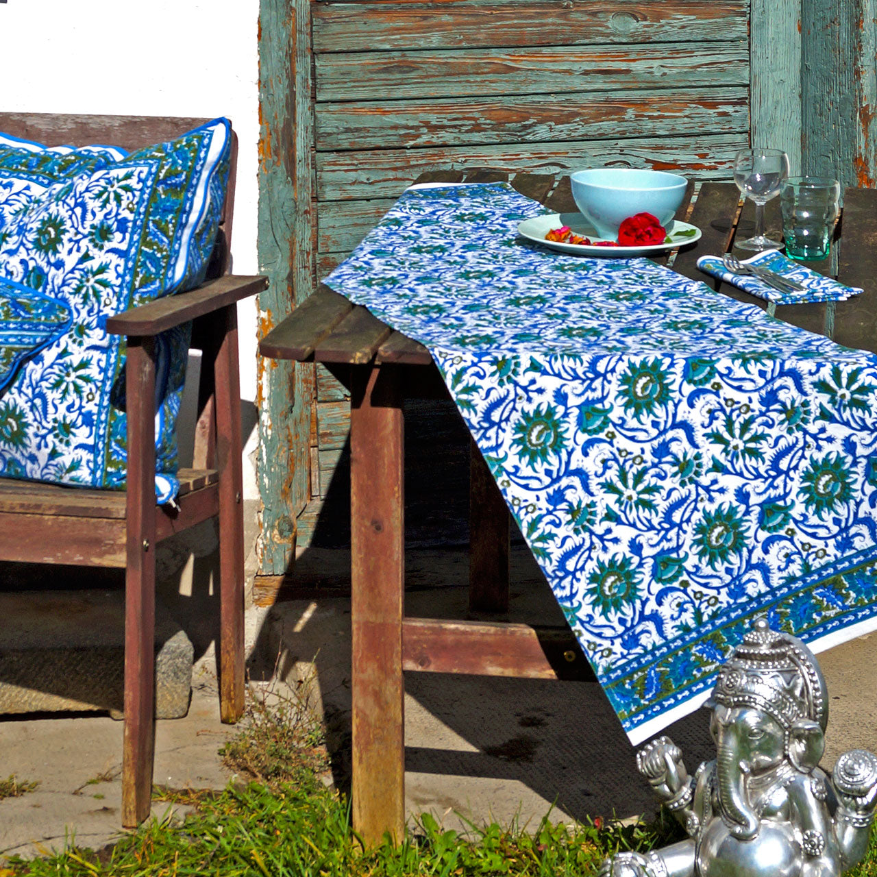 Tischläufer Blockprint Blue Summer 45x150