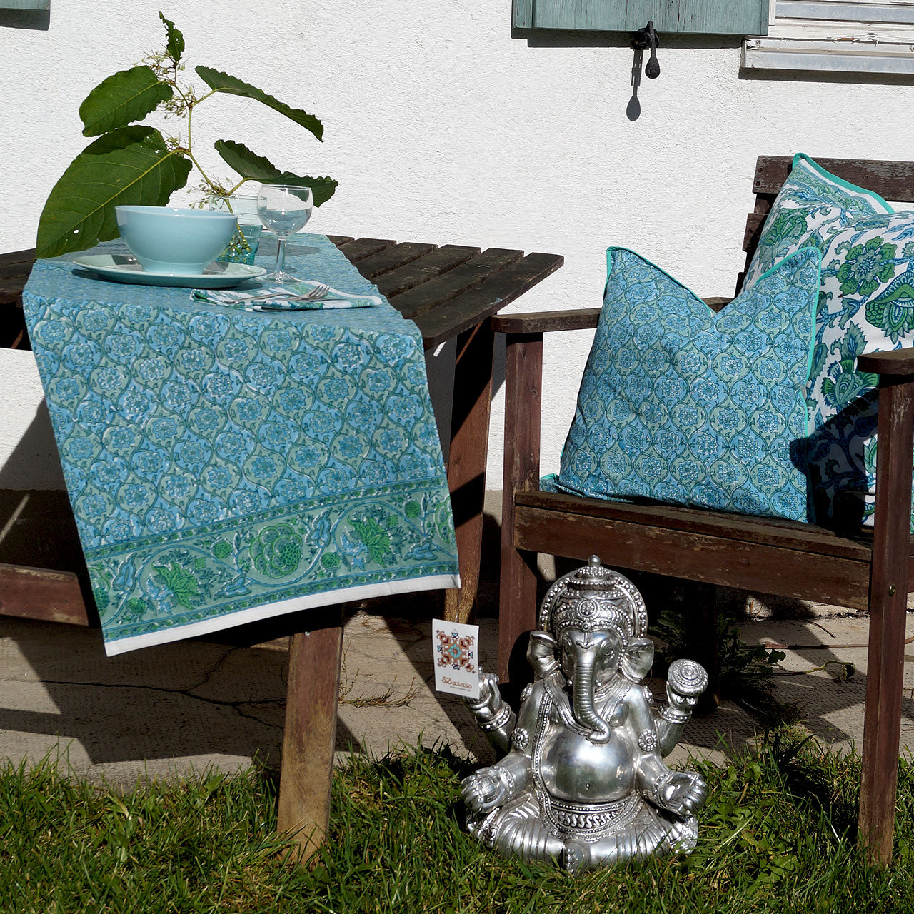 Tischläufer Blockprint Aqua Vita 45x150