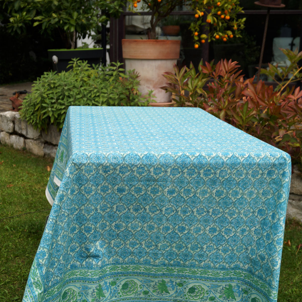 Tischdecke Blockprint Aqua Vita II ca.140x220