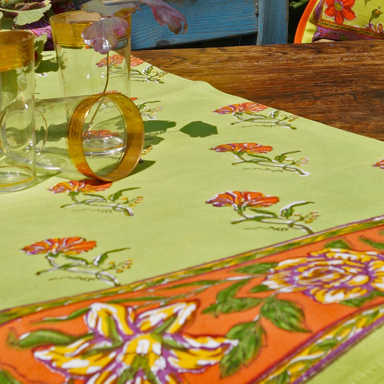 Tischläufer Blockprint Green Floral 45x150