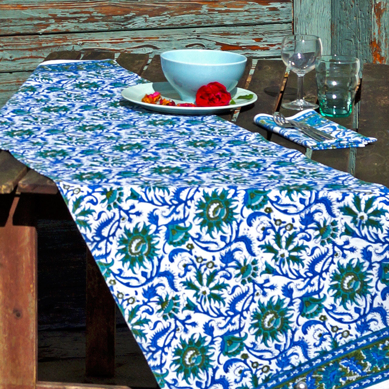 Tischläufer Blockprint Blue Summer 45x150